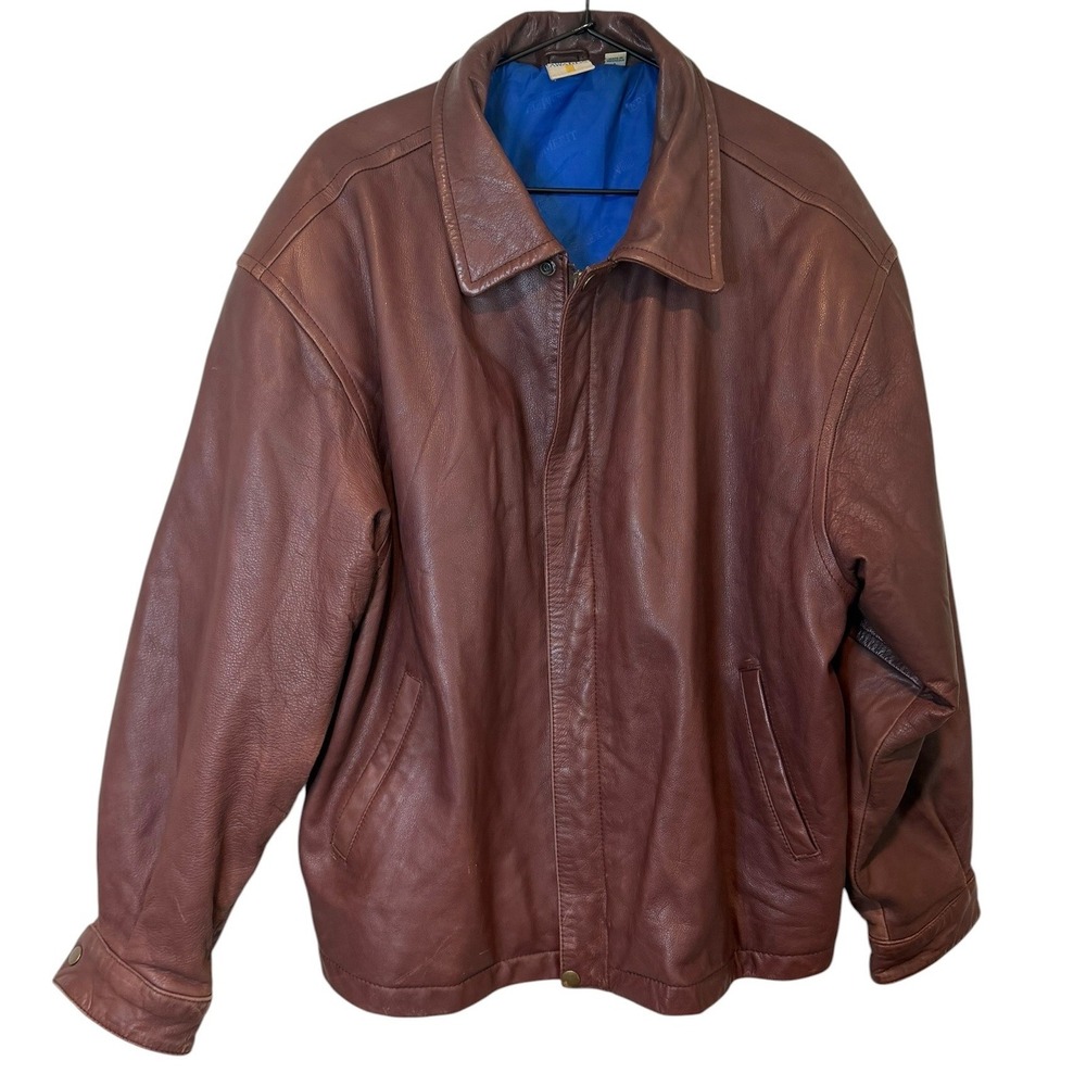 Vintage Merit Awards Mens Brown Genuine Leather Bomber Jacket Large 90s Classic - Picture 3 of 12